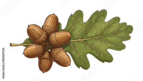 Cluster of brown acorns resting on a lobed green oak leaf