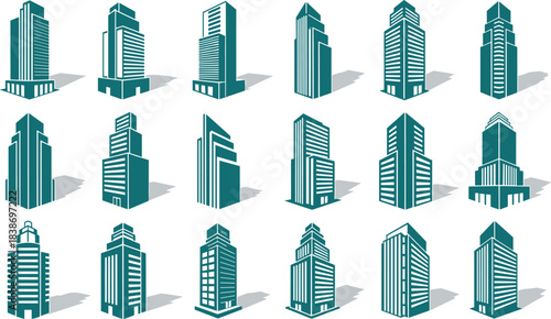 Modern skyscraper icons set, high-rise buildings, urban architecture, teal vector graphics, cityscape design, contemporary towers, architectural illustration, shadows