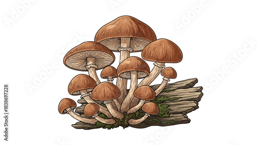 Cluster of brown gilled mushrooms growing from mossy wood on a white background