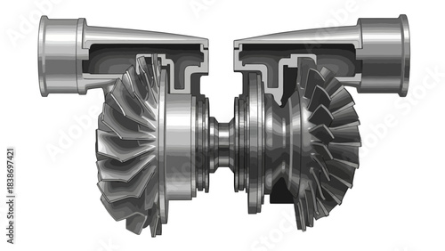 Crosssection rendering of a twinsided centrifugal compressor assembly
