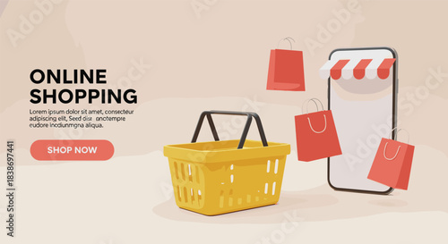 Online, shopping, mobile, e-commerce, smartphone, storefront, basket, bags, purchase, sale, digital, retail, app, commerce, checkout, buy, consumer, market, store, transaction