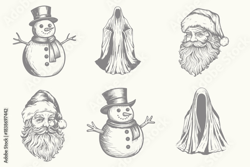 Vintage Halloween Ghost, snowman, santa character set illustration. Hand drawn element engraving. Eps 10