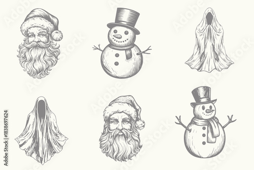 retro Ghost, snowman, santa illustration. Vintage style Graphic Art. Vector. Hand drawn element engraving. Eps 10