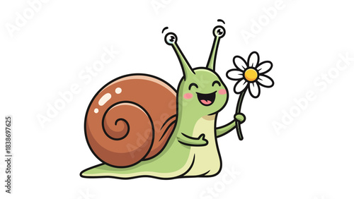 Cartoon snail with brown shell happily holding a white daisy flower