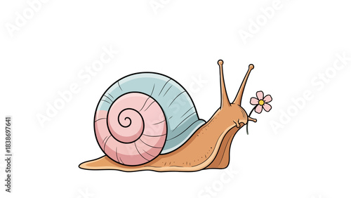 Cartoon snail with pink and blue shell holding a small pink flower in its mouth
