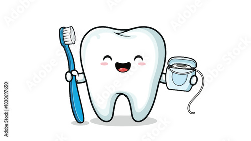 Cartoon tooth holding a toothbrush and dental floss container