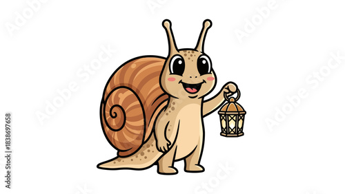 Cartoon snail with shell holding a glowing lantern against a white background