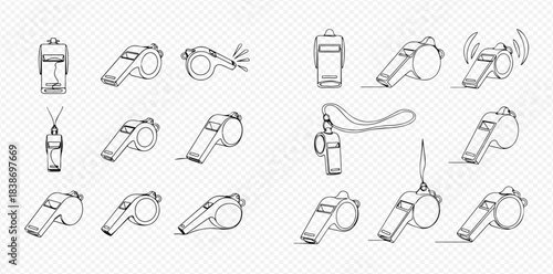Set of outline whistles with lanyards and sound effects for sports and safety.