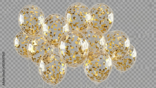 Festive celebration with clear balloons filled with shiny golden confetti group