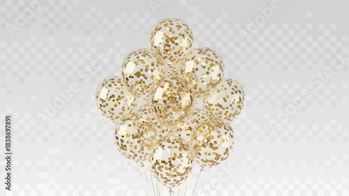 Festive golden confetti balloons floating against a transparent background scene