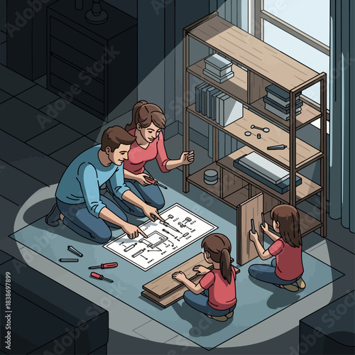 A family of four assembling a wooden shelf together on the floor, following instructions under a spotlight.