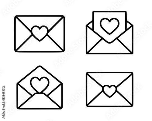 Icons for Valentine's Day, 4 love letter illustrations, outline version