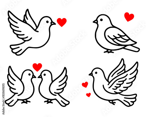 Icon for Valentine's Day, 4 love dove illustrations, outline version