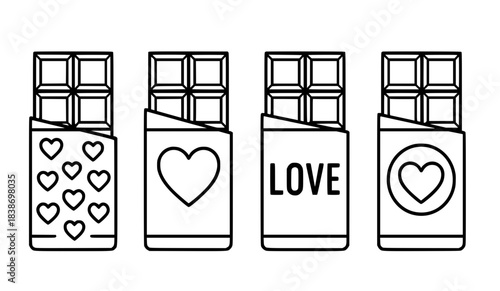 Icon for Valentine's Day, 4 chocolate bar illustrations, outline version