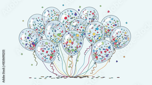 Festive celebration with balloons filled with confetti, joyful and colorful illustration