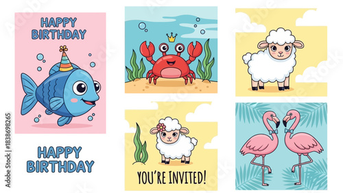 Collection of charming animal illustrations perfect for greeting cards and invitations