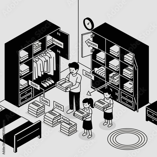 Isometric illustration of a family organizing clothes in a bedroom, folding and putting them into wardrobes.