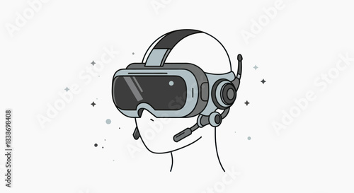 Stylized line art of a head wearing a VR headset with integrated headphones and microphone