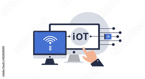 Two computer monitors displaying IoT and wireless symbols with a hand interacting with the screen