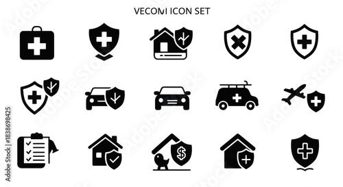 VECOMI ICON SET featuring 15 black insurance and protection related glyphs