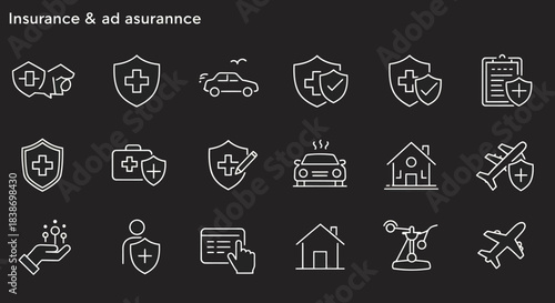 White chalkstyle insurance icons on a black background arranged in three rows