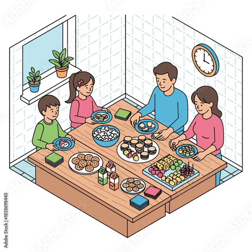 An isometric illustration of a happy family preparing and sharing a meal together at a wooden table in a kitchen.