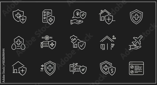 White insurance icons with shields houses cars and health symbols on black
