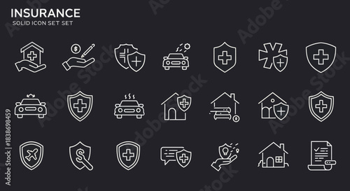 White line art icons related to insurance services displayed on a dark background