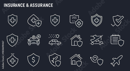 White line icons for insurance and assurance on a dark blue background