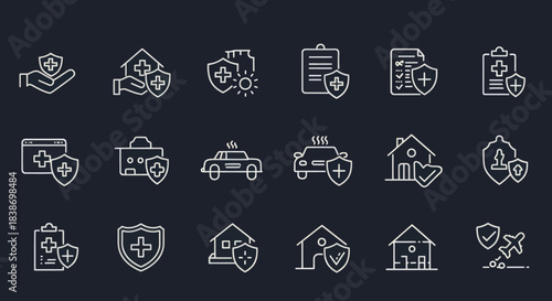 White line icons on a dark background depicting various insurance concepts