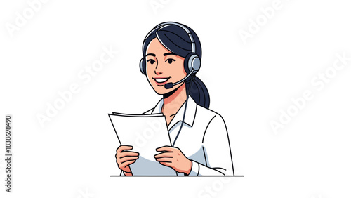 Woman wearing a headset smiles while holding papers