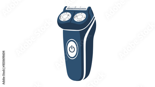 Modern Electric Shaver With Blue And White Casing Featuring Two Rotary Heads And A Power Button Symbol Isolated On A Black Background