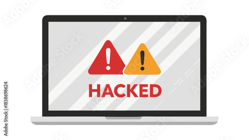 Modern Laptop Displaying Cyber Security Warning Hacked Message With Red And Yellow Alert Icons On Screen Featuring Gray Metallic Finish And Clean White Background Digital Threat Concept