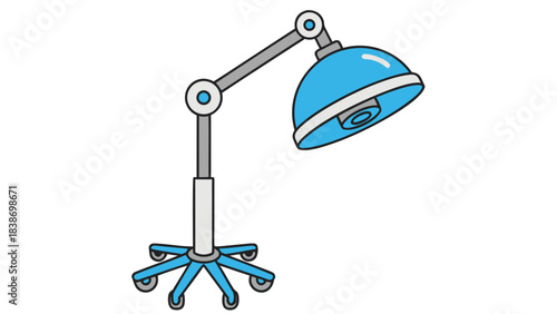 Modern medical examination lamp with adjustable arm and wheeled base on black background