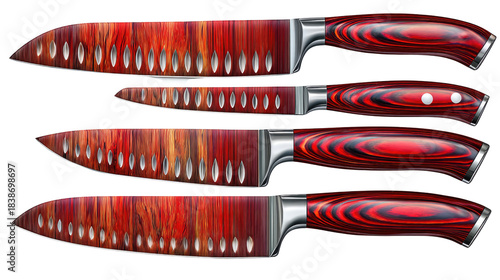 Vibrant and Modern Kitchen Knife Set Featuring Striking Red Handles and Sharp Blades for Culinary Professionals and Home Cooks