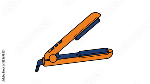 Orange and Blue Hair Straightener Open Position with Power Cord and Heating Plates on Black Background Flat Design Style