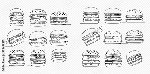 Set of hand-drawn line art burgers with various ingredients on a transparent background.