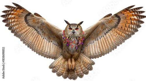 Majestic Owl in Flight with Colorful Jewelry Accenting its Feathers and Intense Gaze
