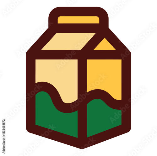 A stylized illustration of a milk carton with a yellow and green design.