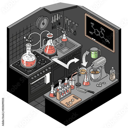 Isometric illustration of a kitchen transformed into a chemistry lab, showing a scientific cooking process with flasks, beakers, and a stand mixer.