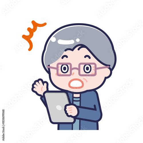 タブレットを使う「私服のシニア」の女性