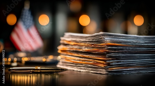 A symbolic image presents a stack of papers, a pen, and a blurred United States flag, suggesting business or governmental affairs is ongoing.