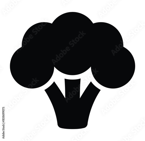 A black silhouette of a broccoli floret against a white background.