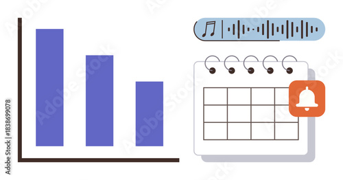 Bar graph for statistics, calendar with reminder icon, and audio waveform for planning, alerts, and organization. Ideal for data management, productivity, analytics, scheduling reminders