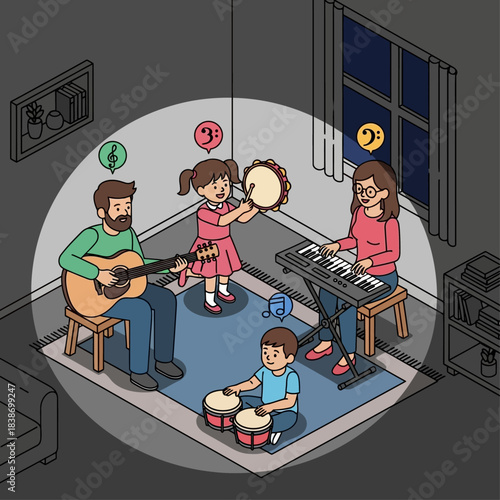 A family of four playing musical instruments together in a dimly lit room at night, with a father on guitar, mother on keyboard, daughter on tambourine, and son on drums.
