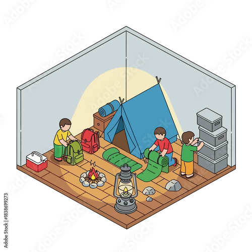 Three boys setting up an indoor camping scene with a tent, sleeping bags, campfire, and lantern.