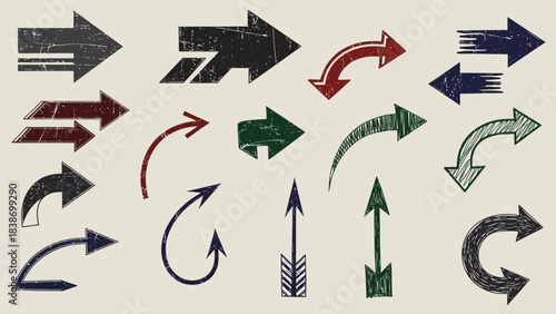 Grunge textured arrow collection in various styles and directions on a neutral background
