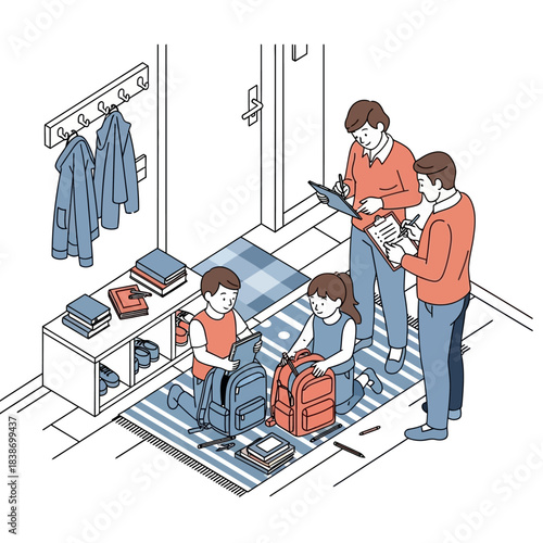 A family of four, two adults and two children, organizing their school bags and daily items in a home entryway, preparing for school or daily activities.