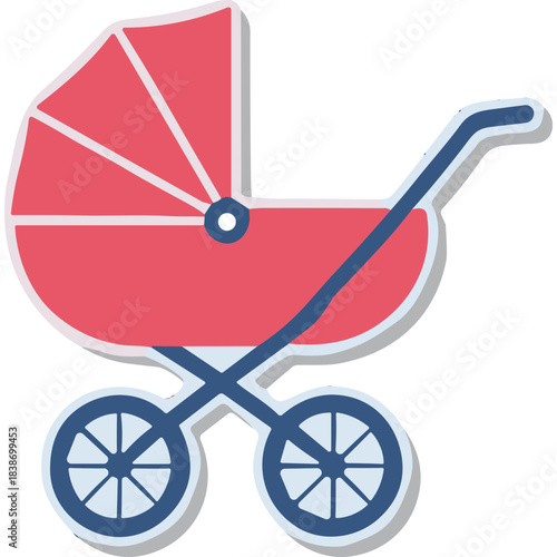 Pink Baby Stroller With Blue Accents On White Background A Classic Transportation Method For Infants And Toddlers On A Sunny Day