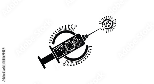 Futuristic syringe with microchip and virus symbolizes advanced medical technology and innovation